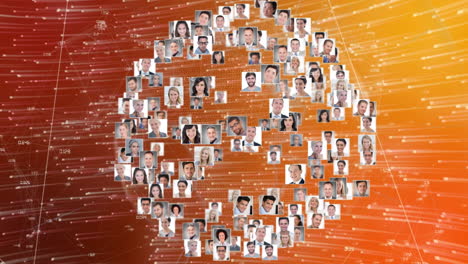 animación del globo con iconos de personas y senderos blancos sobre fondo rojo