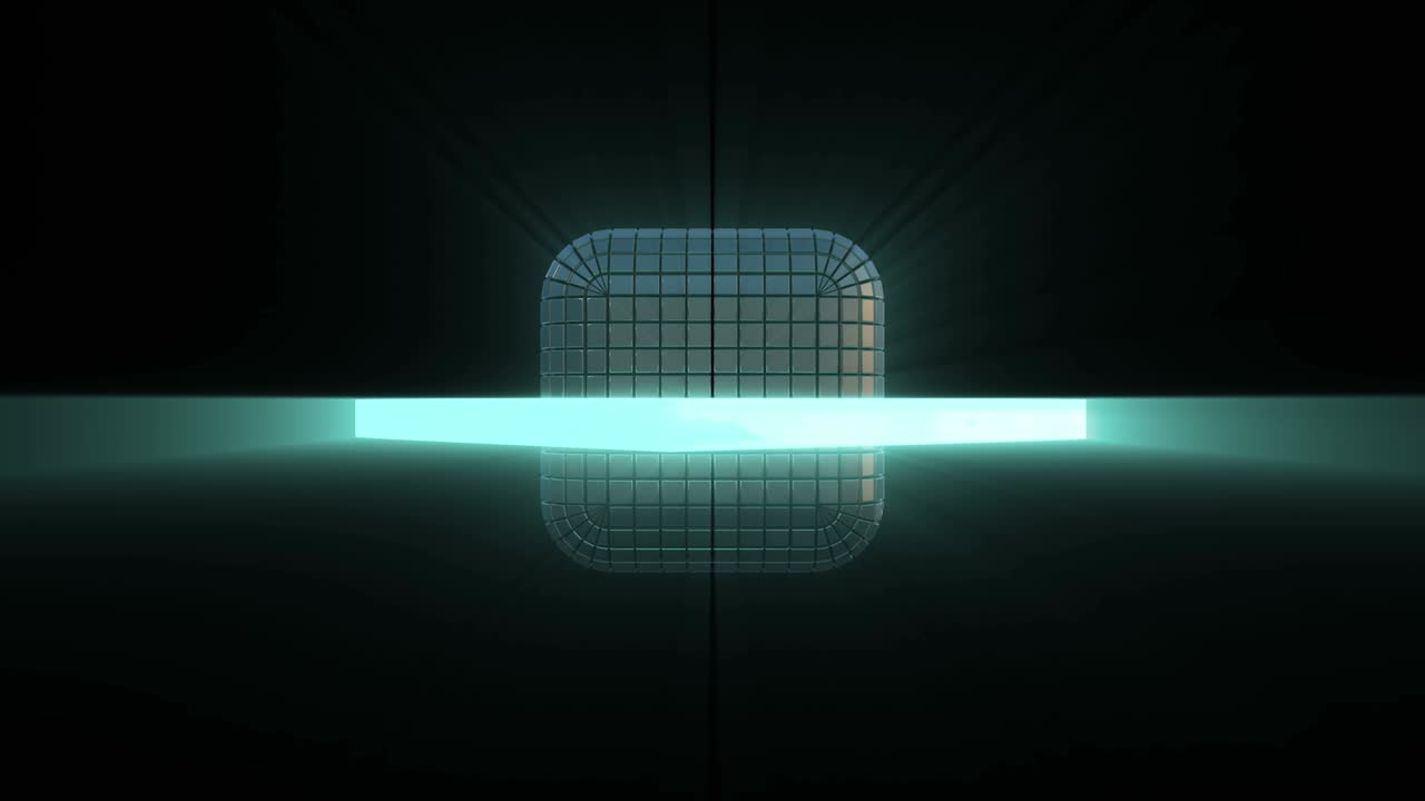 giro de un cubo futurista construido a partir de segmentos. marco orbital de neón moviéndose alrededor del cubo. patrón sin costuras.