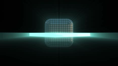 spinning of futuristic cube constructed from segments. neon orbital frame moving around the cube. seamless pattern.