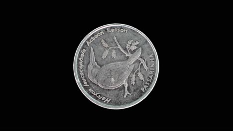 cape verde 1994 10 escudos coin reverse with grey-headed kingfisher bird design rotating on black background
