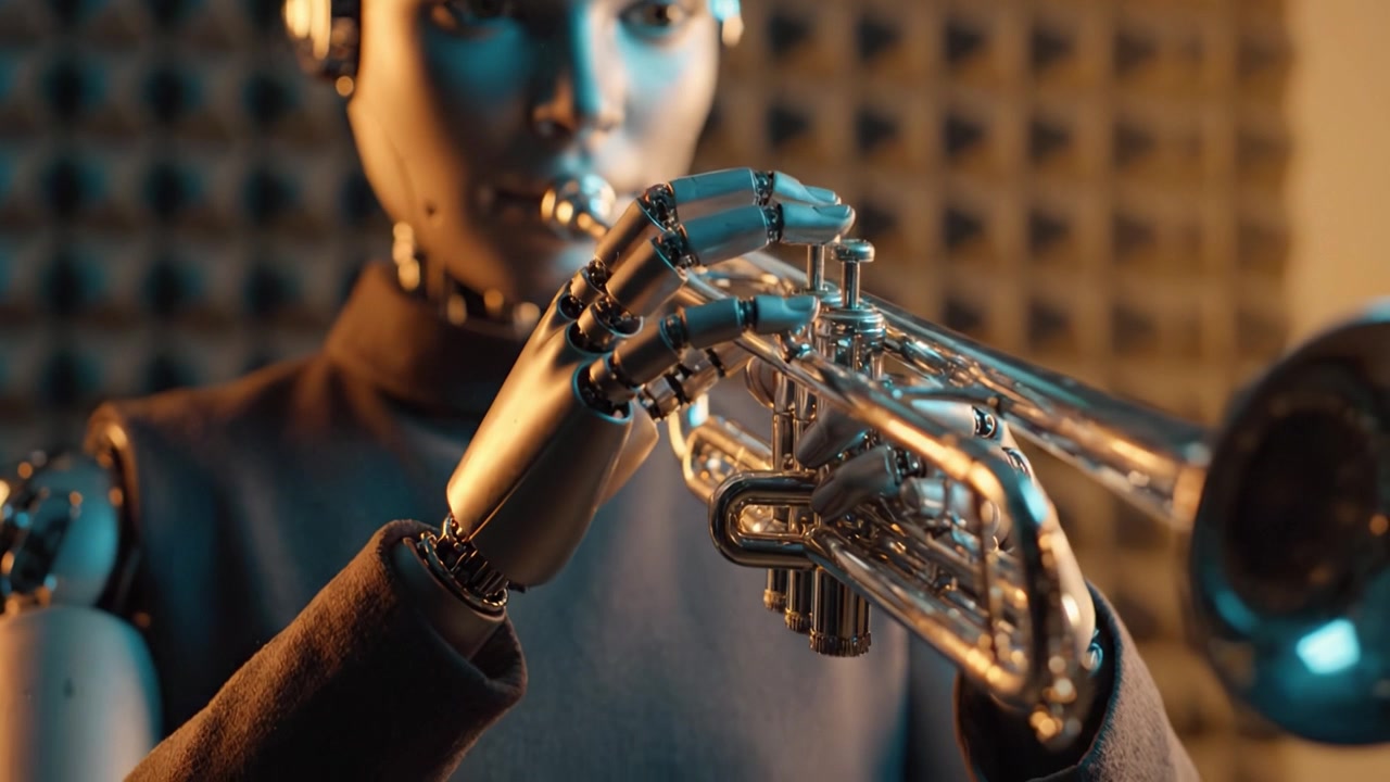 Un robot futuristico che suona la tromba, mettendo in mostra tecnologia avanzata e arte attraverso arti metallici e una performance espressiva in un ambiente di studio insonorizzato.