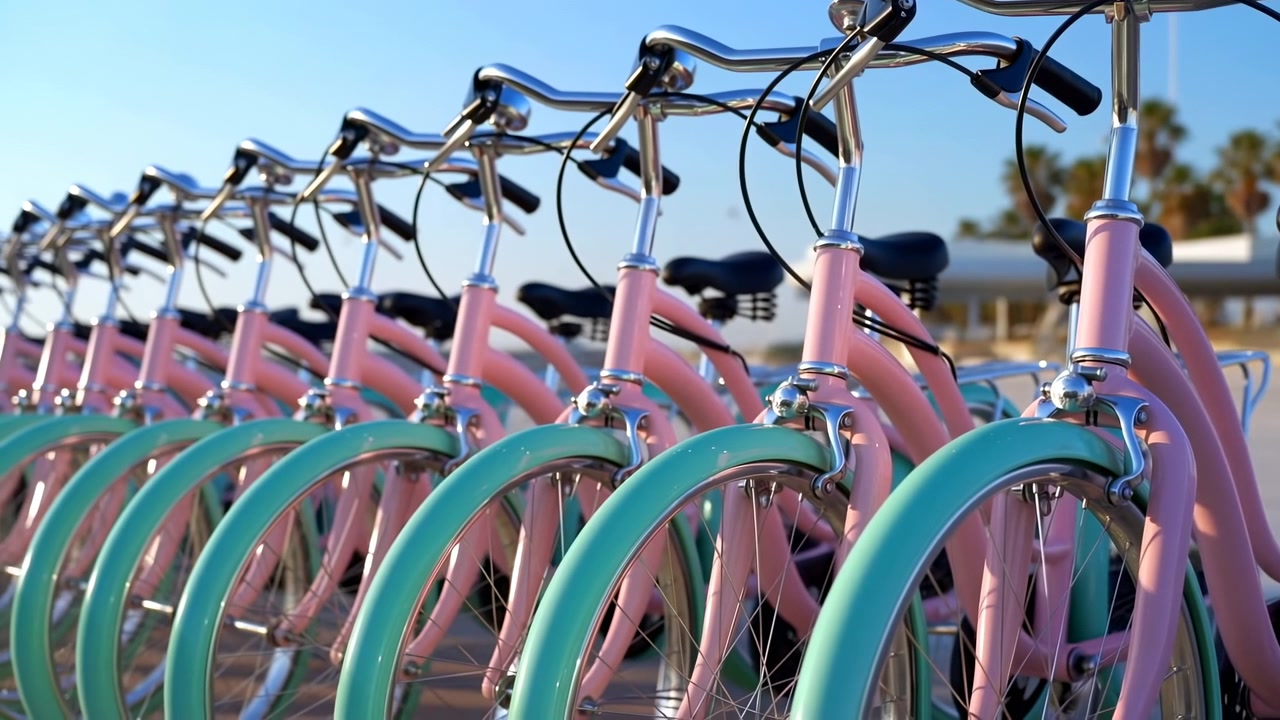 Stationary pastel city bicycles aligned beside bright waterfront promenade, showing mint rims, pink frames, chrome details, sunlight, soft shadows, tidy repetition, urban leisure mood