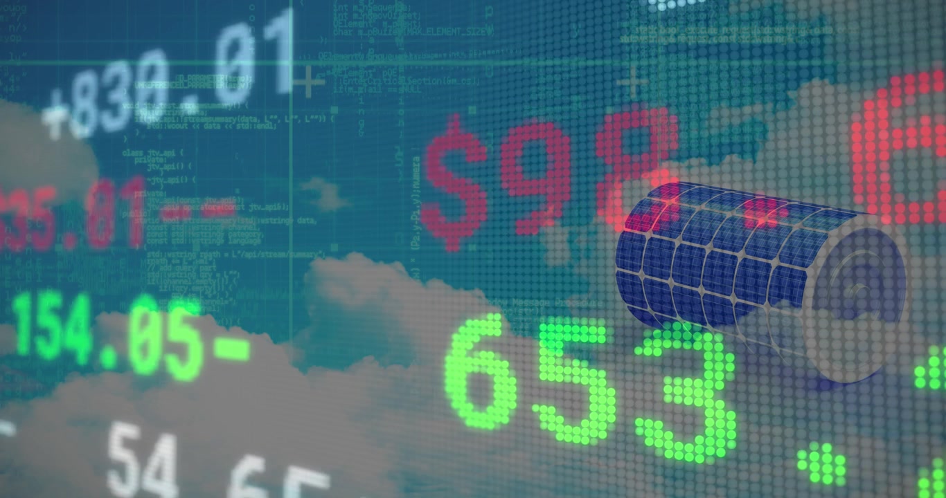 Talousdata ja aurinkopaneeli digitaalisella pörssinäytöllä.