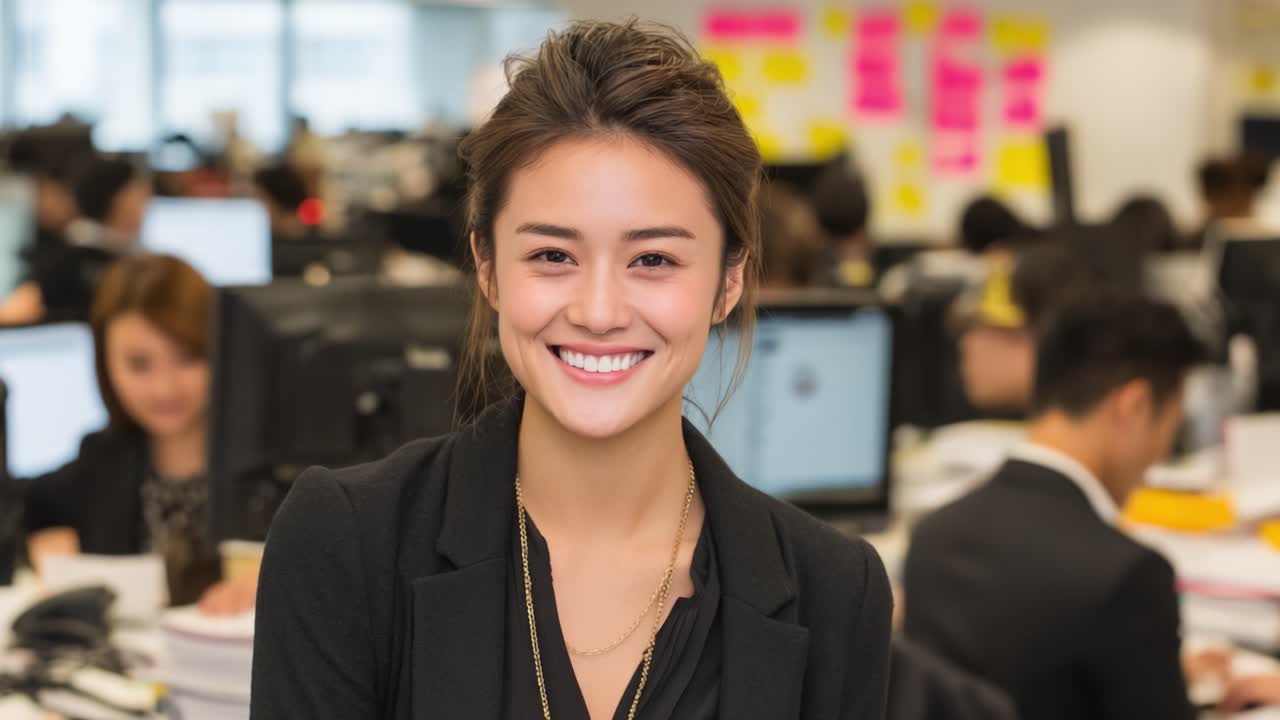 A Confident Young Professional Smiling in a Busy Office Environment, Reflecting the Ambiance of Team Collaboration and Dedication Towards Work Success