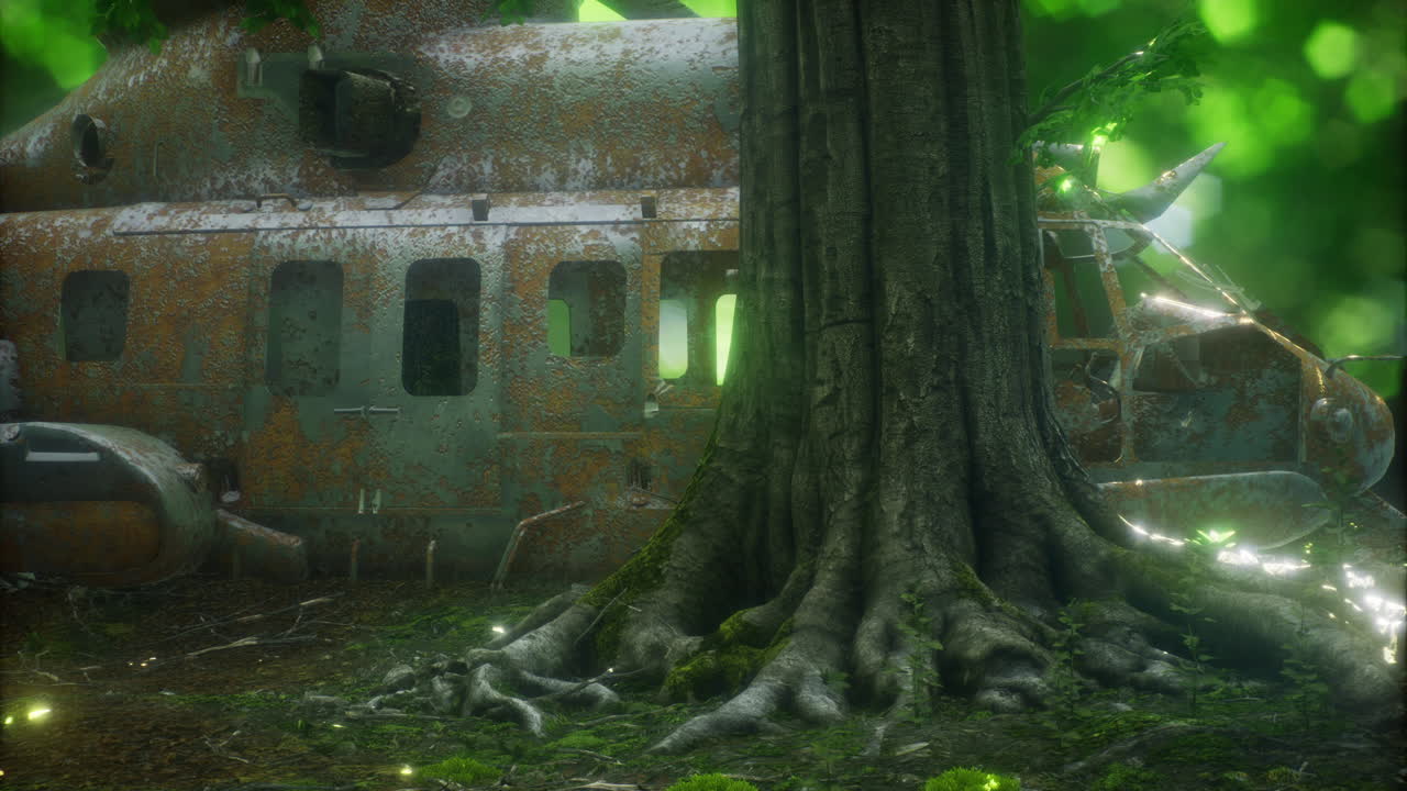 Rusting helicopter nestled among the towering trees in a vibrant forest