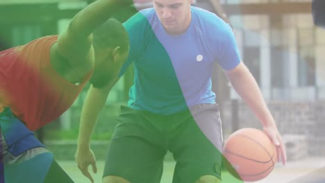 Animation-of-flag-of-nigeria-over-diverse-male-basketball-player-playing-basketball