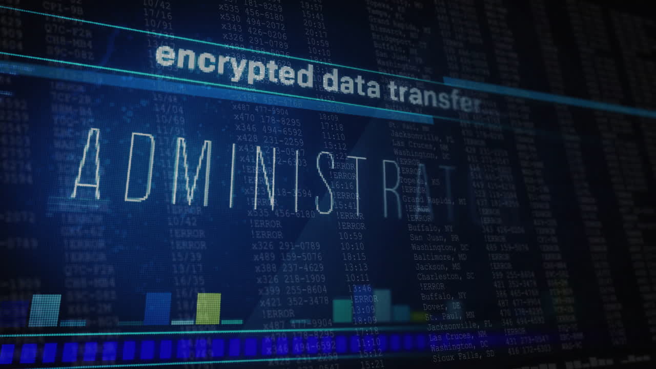 Data transfer animation over digital screen with graphs and numerical data