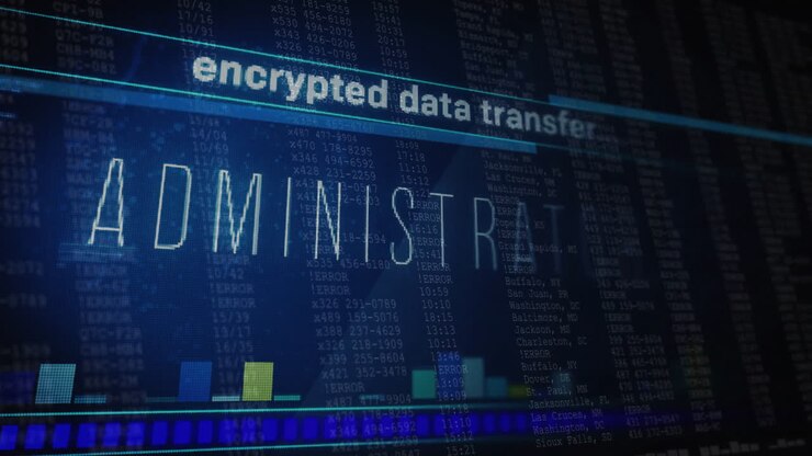 Data transfer animation over digital screen with graphs and numerical data
