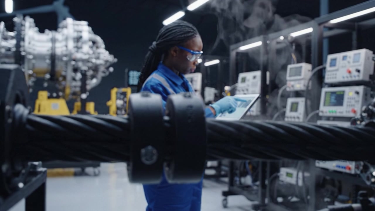 Ouvrier en salopette bleue inspectant des machines et équipements complexes dans un environnement industriel de haute technologie, se concentrant sur les détails des câbles et des panneaux de commande
