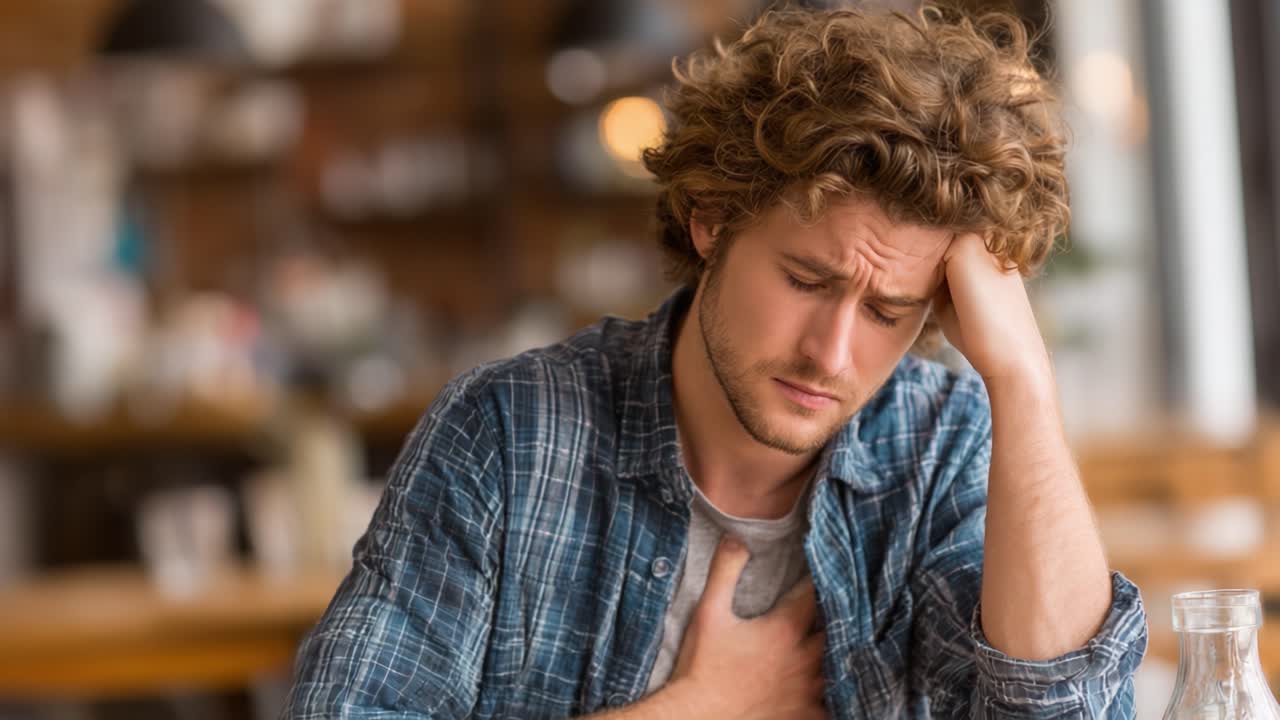 Un giovane uomo in difficoltà: Catturando i momenti di turbamento emotivo e disagio fisico in un ambiente di caffè informale