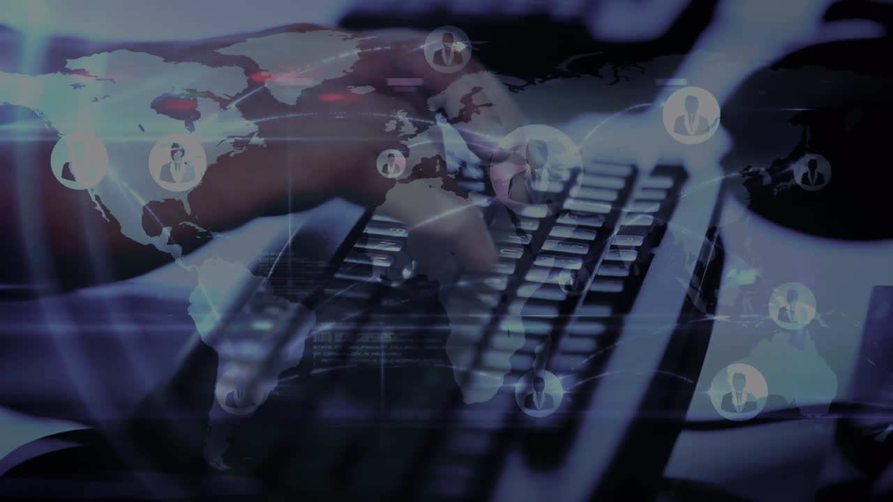 animación de la red de conexiones y procesamiento de datos a mano escribiendo en el teclado