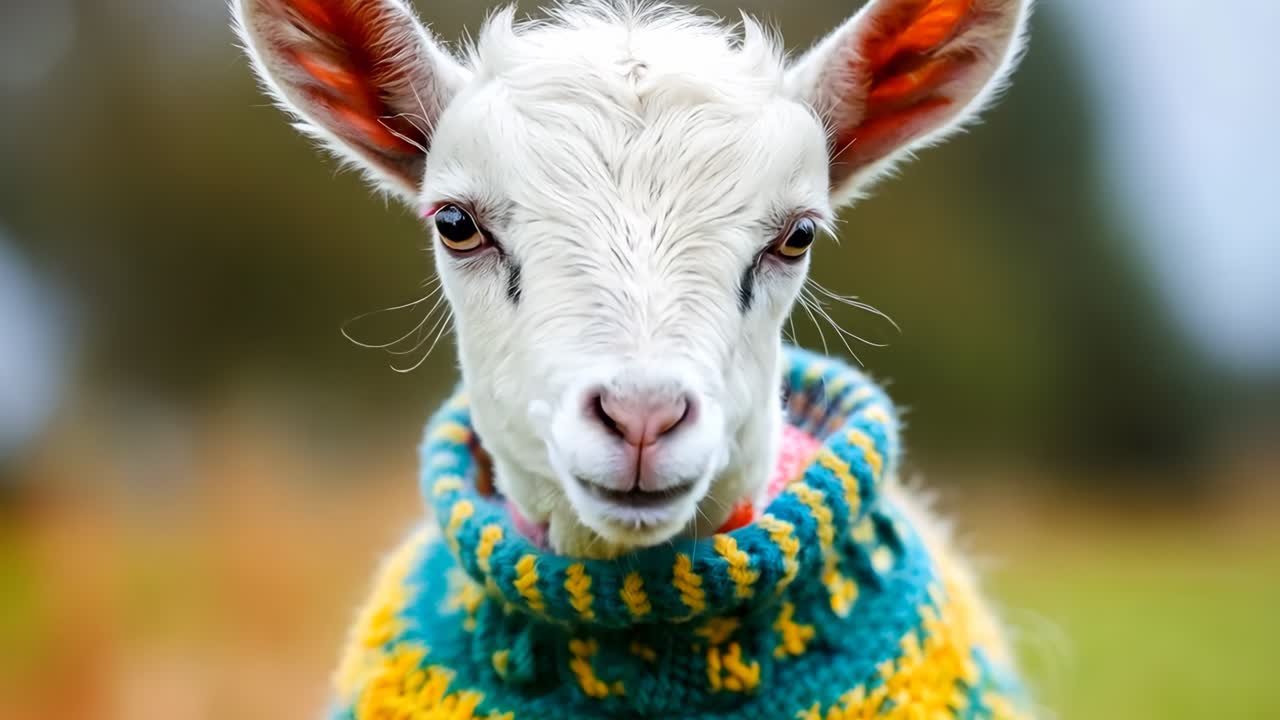 Ein Zicklein trägt einen bunten Pullover auf einem Feld.