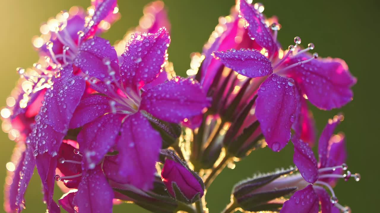 Video ravvicinato di fiori rosa coperti di rugiada sotto una luce solare soffusa, ripresi da un angolo basso, per creare un’atmosfera sognante