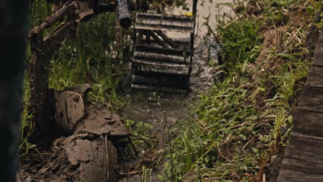 preparing the plantation of rice in the terrace by mechanical aid in rural bali, indonesia