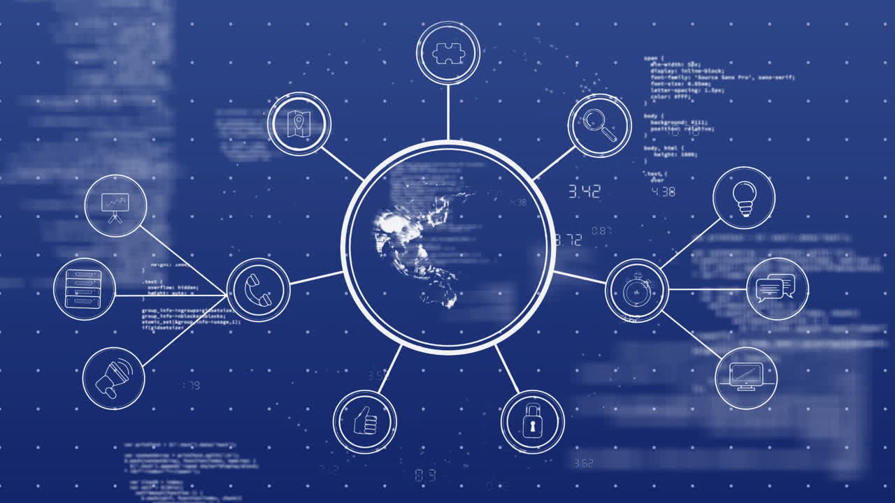 파란색 배경에 아이콘을 가진 연결을 통해 디지털 데이터 처리의 애니메이션