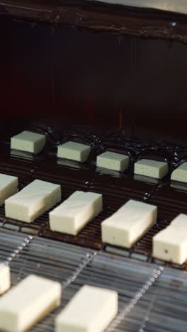 white pieces of desserts being covered with black chocolate. conveyor belt with sweets goes under the flow of chocolate. pigeon's milk candies production close up. vertical video