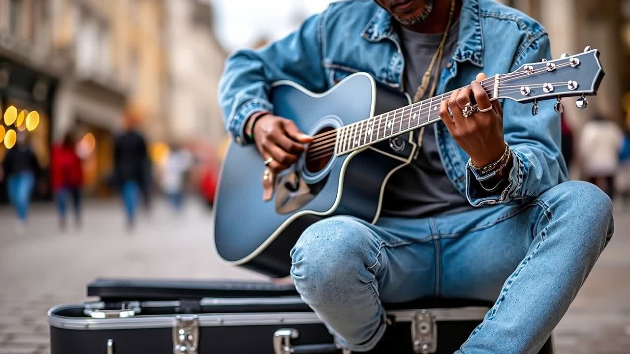 Un uomo seduto su una valigia che suona la chitarra