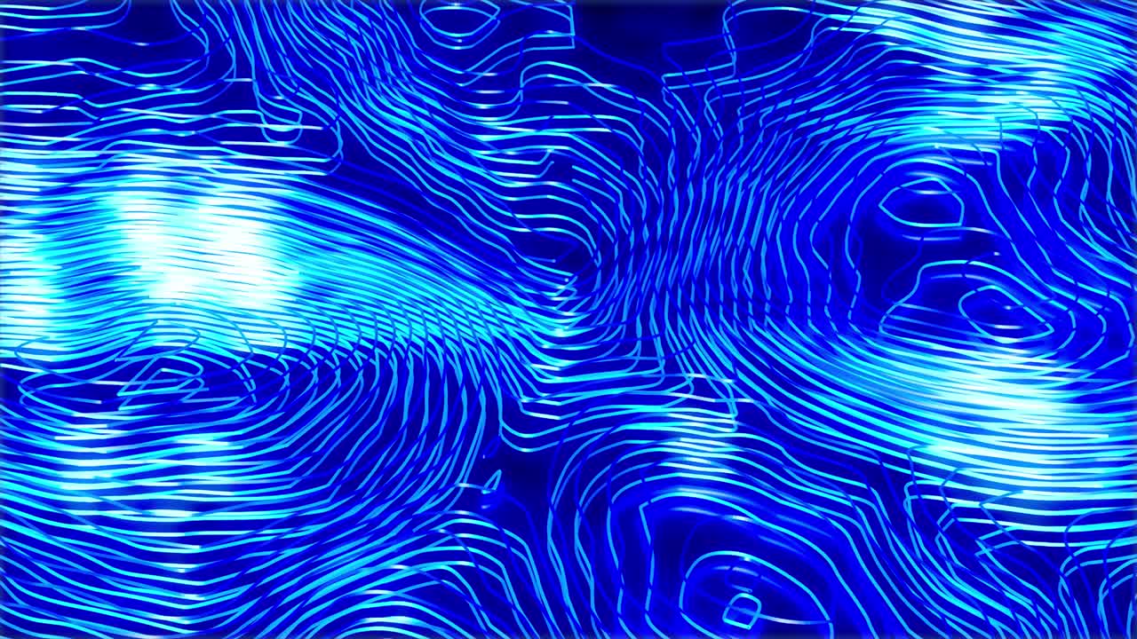 cables ondulados deformados de color azul con elementos brillantes en movimiento. profundidad de campo. animación de bucle de renderización 3d