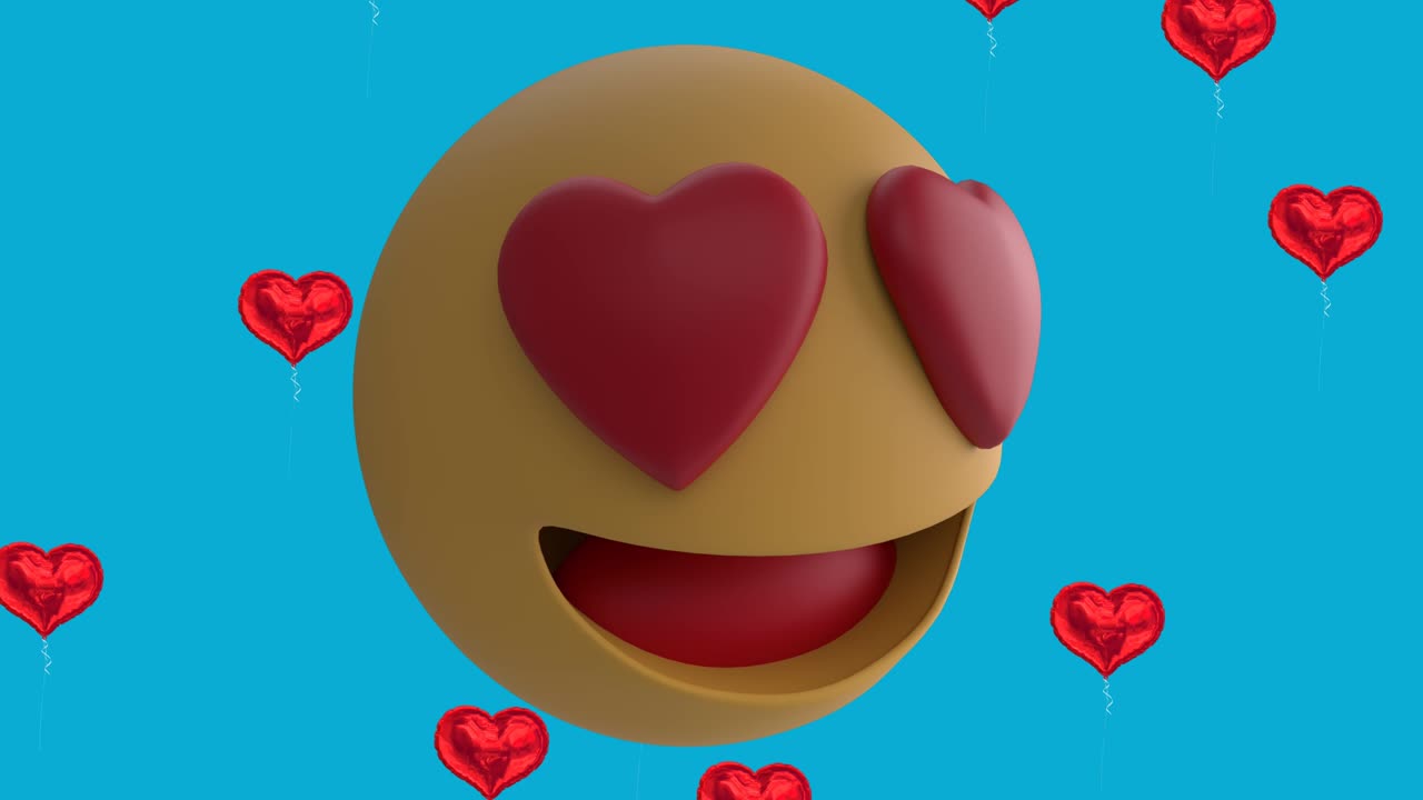 animación del icono de emoji sonriente con corazones rojos con iconos de globos de corazón rojo sobre fondo azul