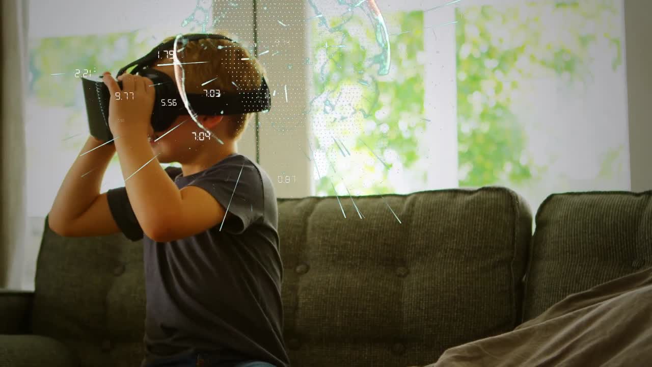 animación del globo con conexiones sobre un niño caucásico que usa auriculares vr