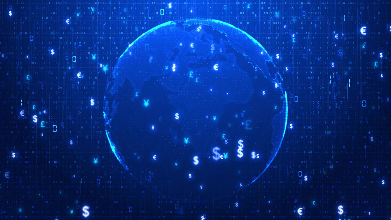 Global currency data network visual earth floating money icons binary code digital market atmosphere