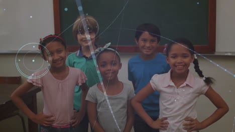 Network-of-connections-against-portrait-of-group-of-diverse-students-smiling-in-the-class-at-school