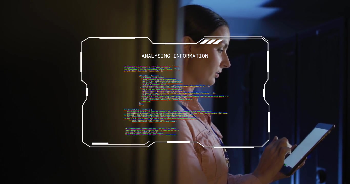 Vertical video: Woman reacting to HUD appearing and swiping tablet in hall in pink blouse and ID