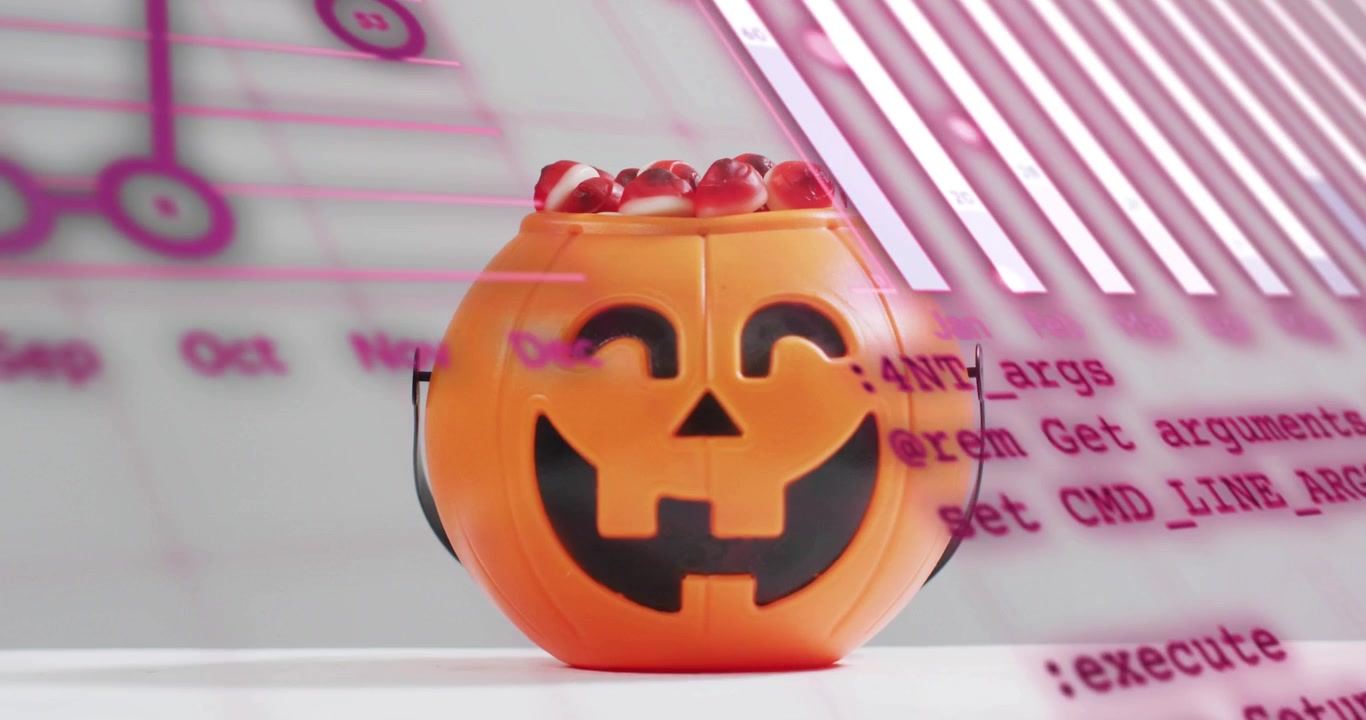 Codice rosa che scorre che avvia sovrapposizioni di barre nodo su un secchiello di caramelle a forma di zucca di Halloween, visualizzando dati.