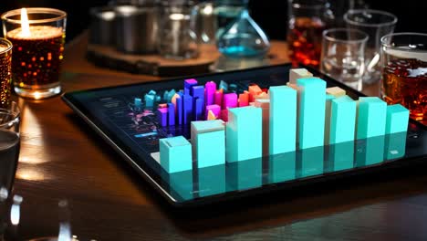 data visualization on a tablet with colorful 3d graphs and drinks