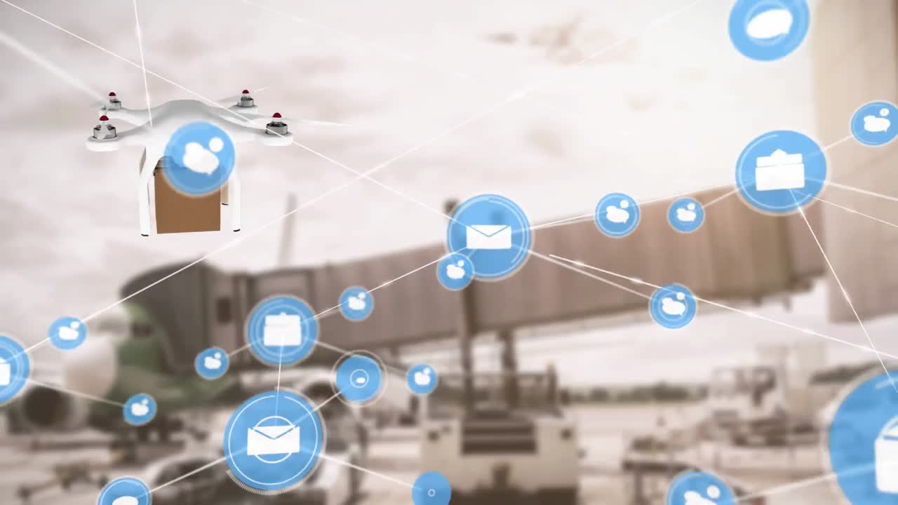 패키지와 함께 배달 드론을 통해 아이콘과 연결 네트워크의 애니메이션