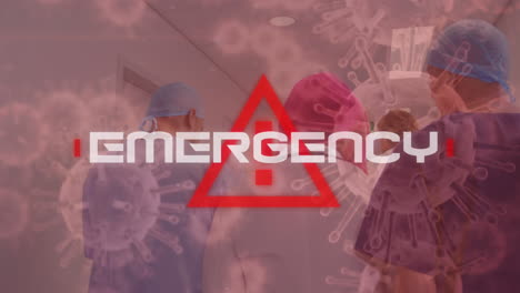 word emergency written over red triangle and covid-19 spreading over scientists wearing face masks