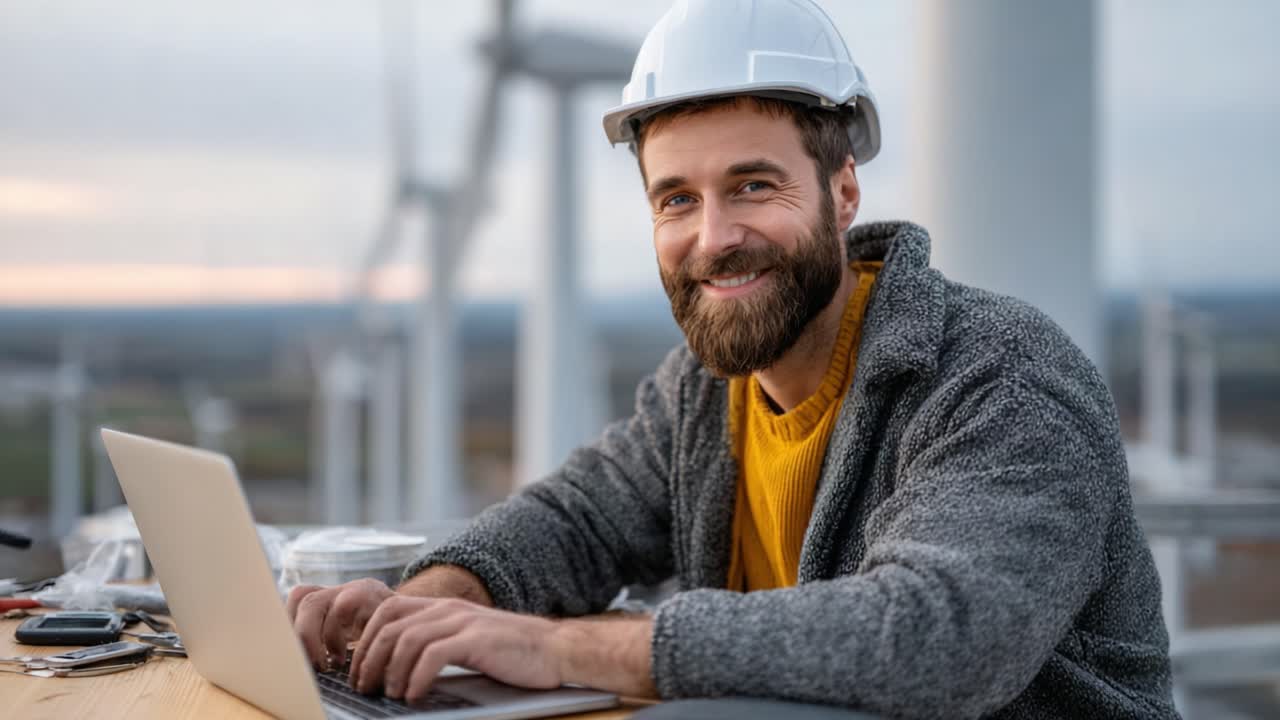 Smiling Construction Worker in Hard Hat Engaged in Laptop Work at Wind Farm Site, Emphasizing Innovation and Renewal in Sustainable Energy Projects