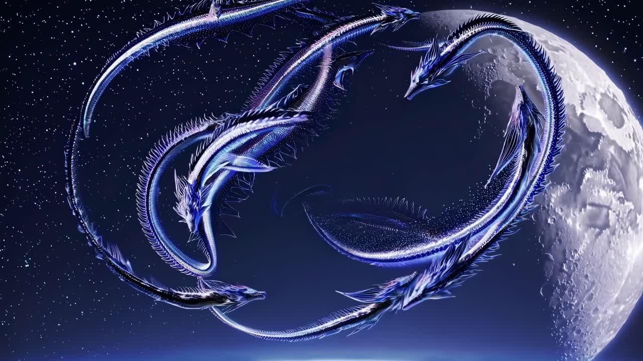 드래곤들이 우주에서 달을 돌아다니며 춤을 춘다.