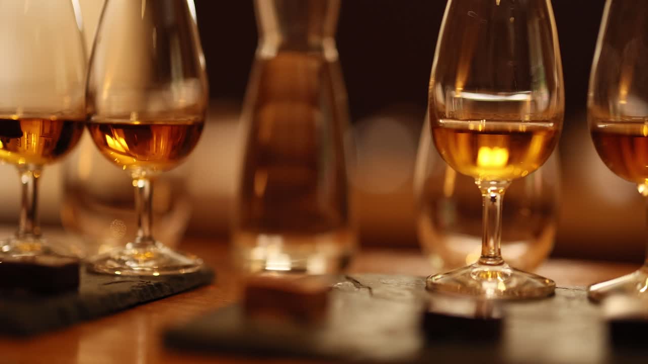 vasos de whisky en una tabla de degustación