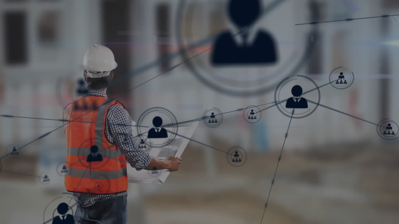 animación de la red de conexiones con personas íconos y arquitecto masculino caucásico