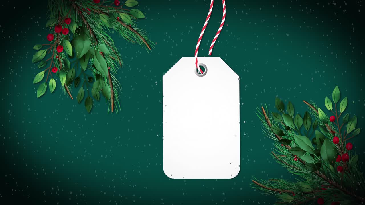 animación de nieve cayendo y etiqueta de regalo con espacio de copia y ramas de árboles en fondo verde
