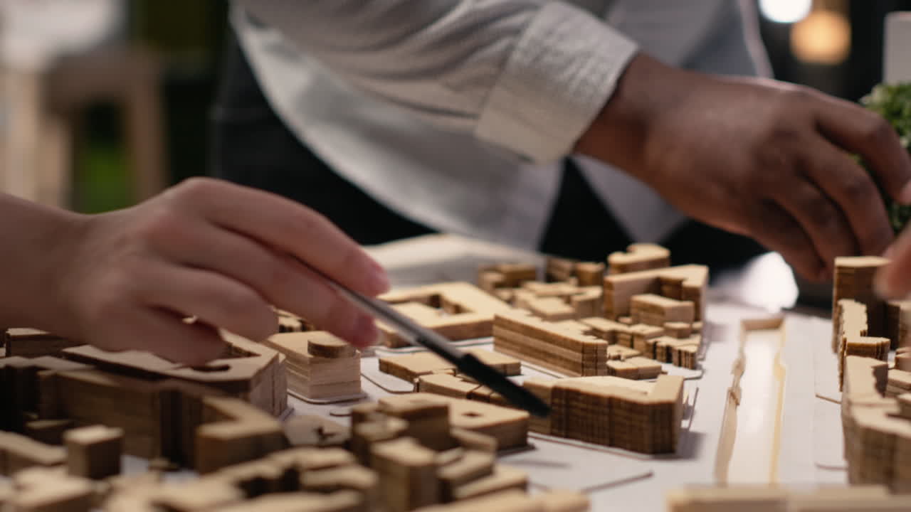 Vertical Video Close up of developers work together on layout city planning initiative