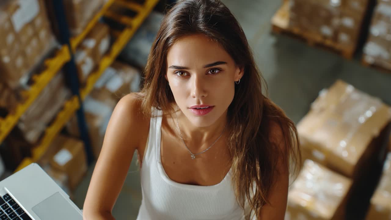 A contemplative young woman looking directly at the camera while surrounded by packages in a warehouse, illustrating focus and determination amidst a busy environment
