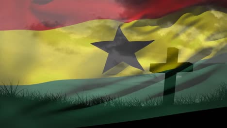 animation of waving ghana flag against silhouette of a cross on grassland against clouds in sky