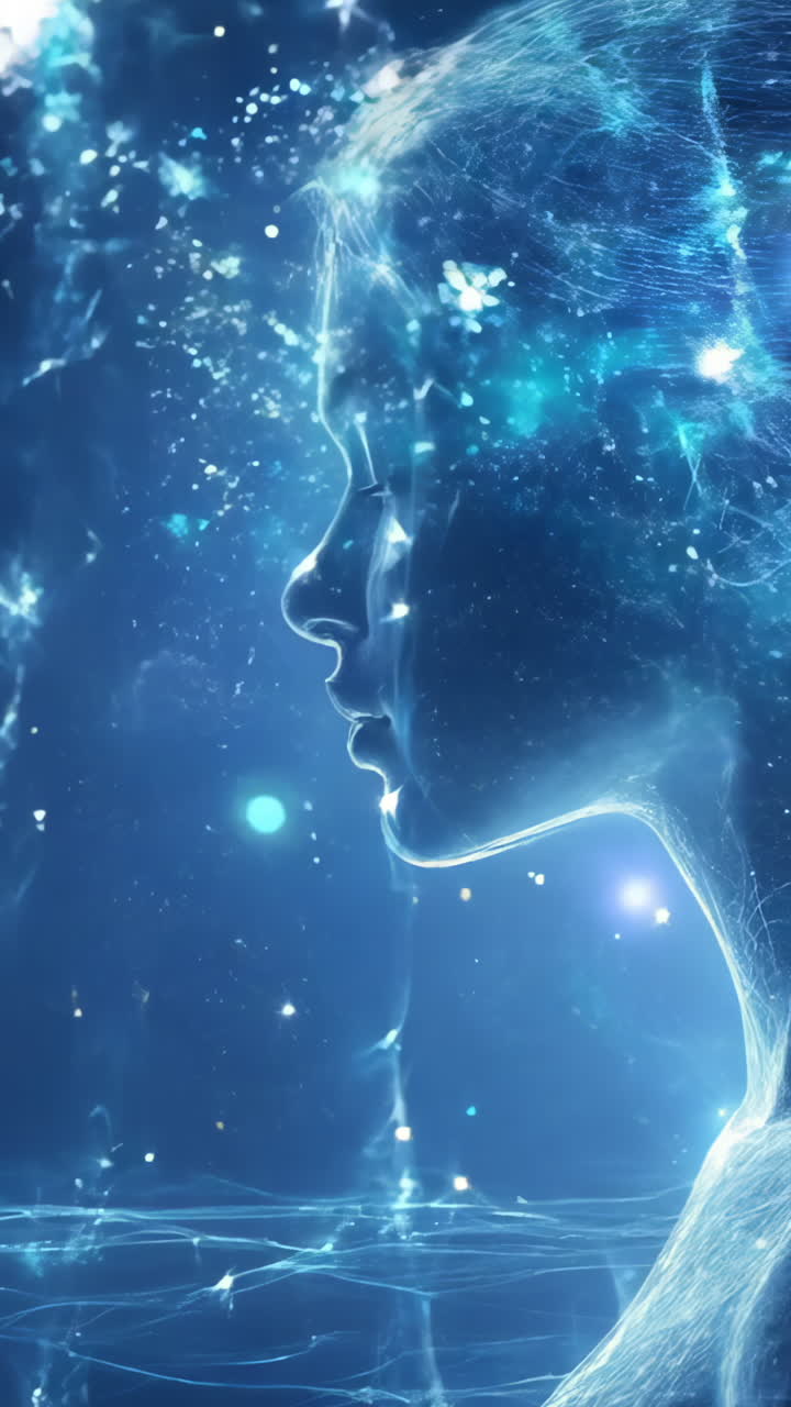 A woman's face is shown in a blue light, with a blue background. The image has a futuristic and otherworldly feel to it Vertical video