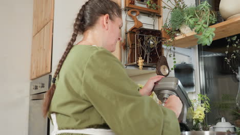 woman in green dress and white apron attempts to fix whisk attachment into electric mixer inside bright vintage-style kitchen with wooden cabinets, indoor plants, utensils, and natural lighting