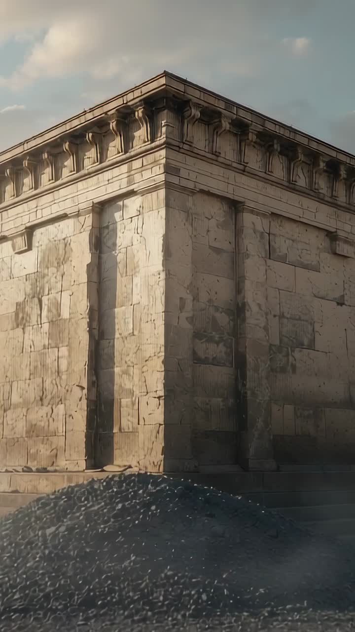 Vídeo vertical: se muestra la esquina de piedra erosionada en unas ruinas, nubes a la deriva y sombras que se mueven sobre la cornisa