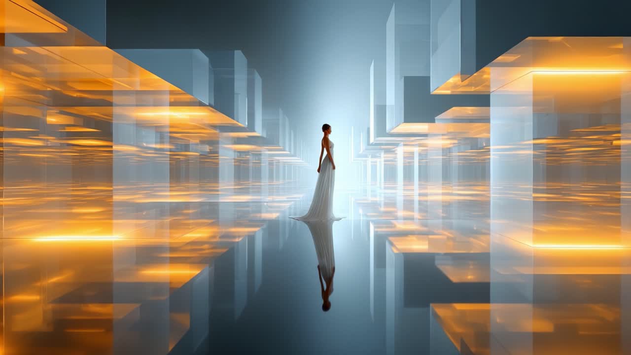 A striking silhouette of a graceful figure in a flowing gown stands amidst a dazzling futuristic landscape filled with transparent structures and glowing lights, creating a surreal ambiance