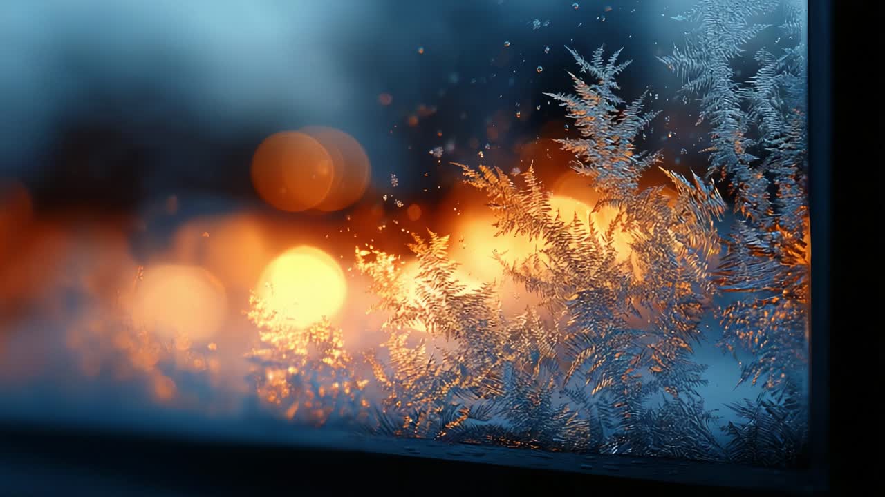 A captivating view through a frost-covered window showcasing delicate ice patterns and warm, glowing lights in the background, creating a beautiful contrast between cold and warmth