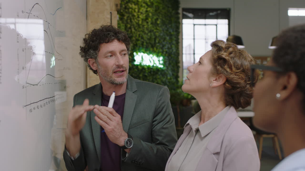 empresarios profesionales que se reúnen con empresarios caucásicos que comparten estrategias de mercado financiero usando pizarra haciendo lluvia de ideas colegas que colaboran en el lugar de trabajo de la oficina