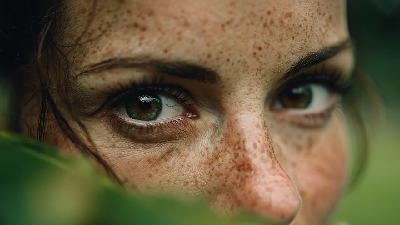 Captivating Close-Up of Freckled Face Entwined in Nature's Embrace, Showcasing Expressive Eyes and the Beauty of Organic Surroundings