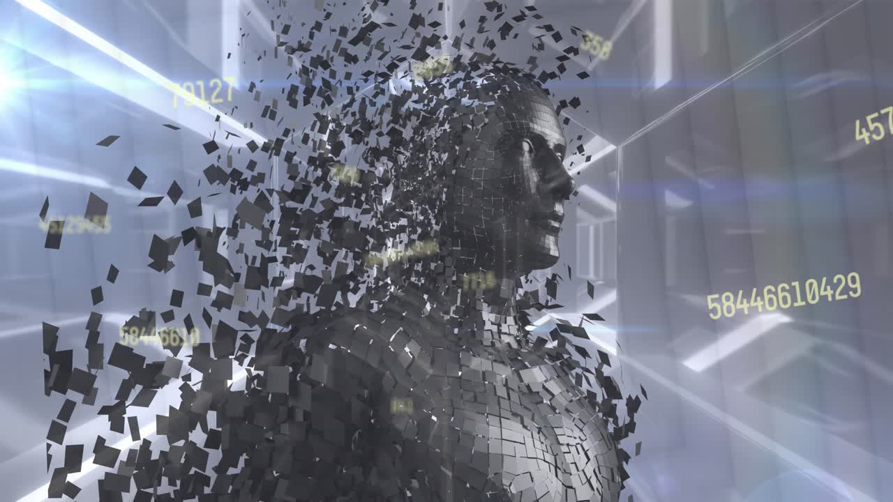 Animation of changing numbers over human body model against neon tunnel in seamless pattern