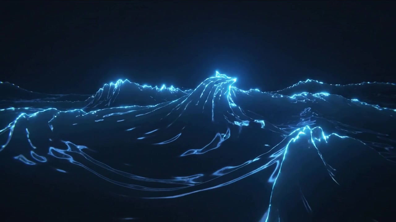 Gliding neon-blue ocean waves swelling and shifting at night, horizon flash spreading along crests