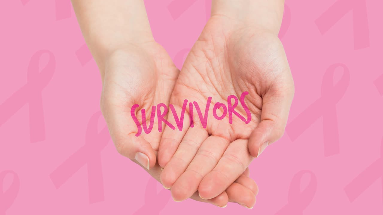 생존자들의 애니메이션 핑크색 배경에 손을  ⁇ 은 텍스트