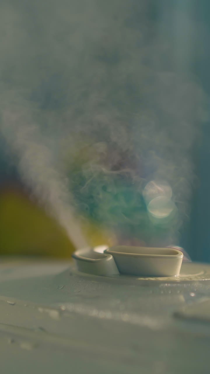 CU: modern air ionizer with wet steam cloud used to humidify air and neutralize bacteria in light room extreme close view